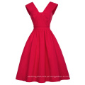 Belle Poque Cor sólida sem mangas V-pescoço alto esticado A-Line Red Retro Vintage Women Dress BP000373-1